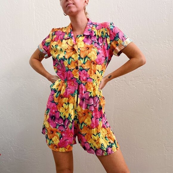 Vintage Pants - Vintage 1990's Colorful Hawaiian Flower Printed Front Button Up Romper